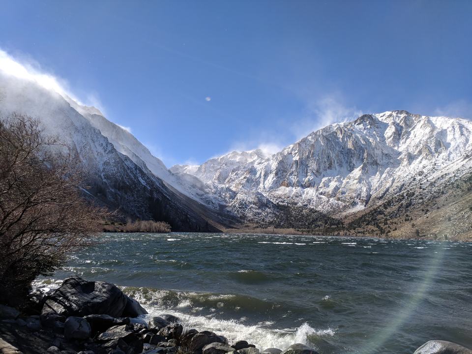 Wind-whipped Convict Lake under freshly snow-covered peaks in the Eastern Sierra